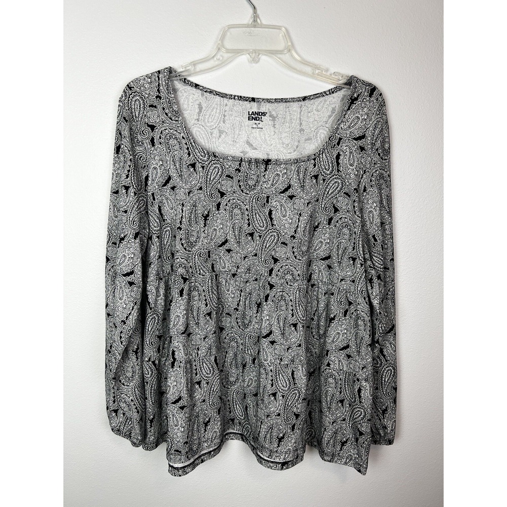 LANDS END Blouse Womens‎ XL/P Top Abstract Long Sleeve Black White